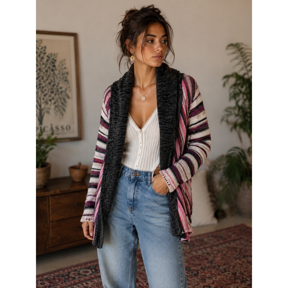 Anette Alesand Hoiness Striped Shawl Collar Cardigan Sweater L